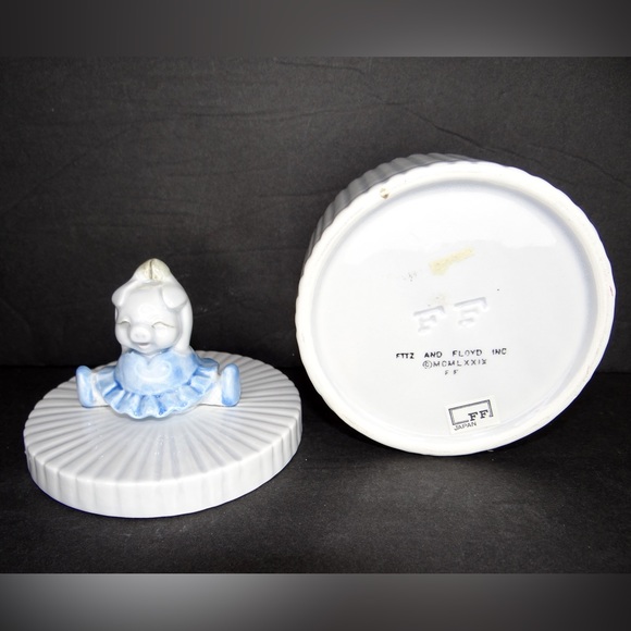 Vintage Fitz And Floyd Pig In Blue Tutu Round Trinket Box - Picture 7 of 8